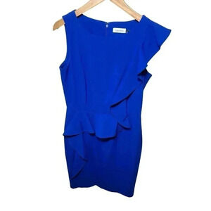 Calvin Klein Sleeveless Royal Blue Ruffle Front Sheath Dress Sz 8 CareerEvening